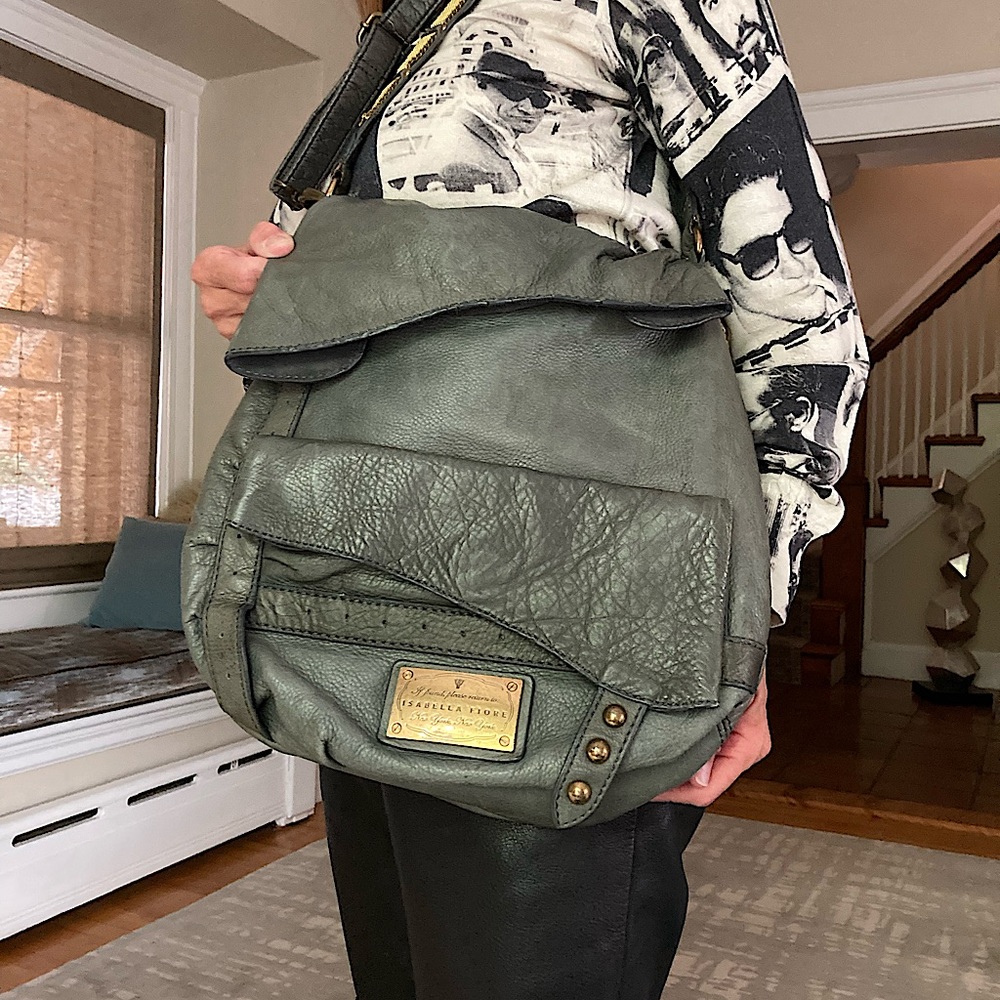 Squishy Soft Isabella Fiore Gray-Green Leather Women's Bag, EUC
